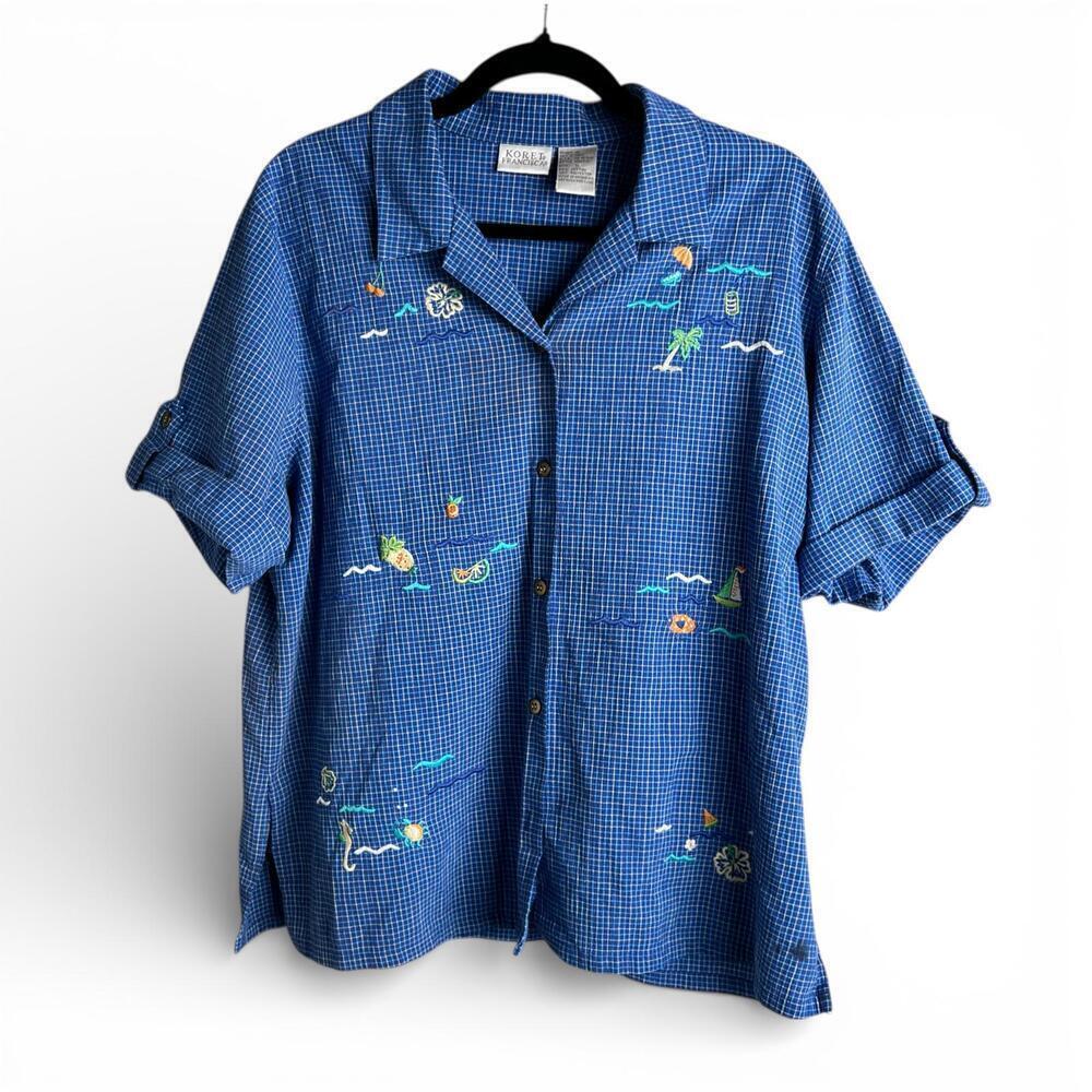 Vintage Blue Checkered Beach Motif Embroidered Button-Up Shirt